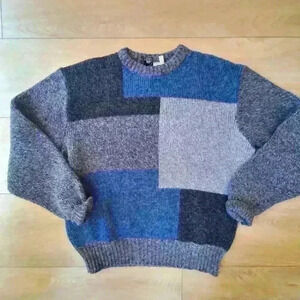 Oleg Cassini XL sweater pure new wool blue crewneck patchwork chunky vintage